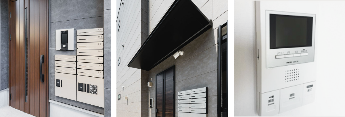 オートロックや防犯カメラ、カラーモニター付きのインターホンのイメージ